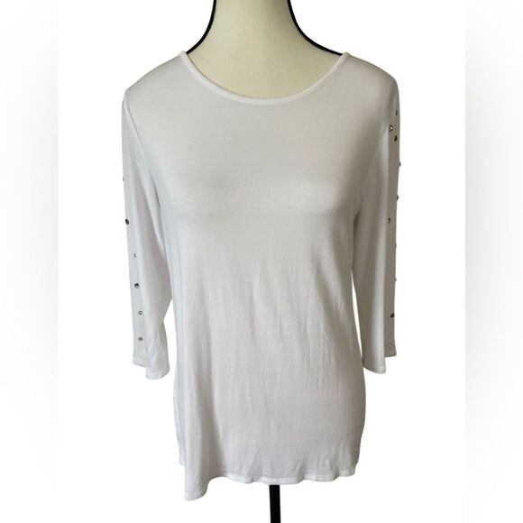 Zoé + Phoebe white top w embellishments 3/4 
sleeves soft slightly sheer Sz S - Picture 1 of 9